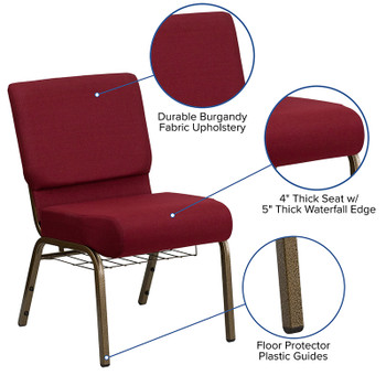Flash Furniture HERCULES Series 21'' Extra Wide Burgundy Fabric Church Chair with 4'' Thick Seat, Communion Cup Book Rack - Gold Vein Frame Model FD-CH0221-4-GV-3169-BAS-GG 2