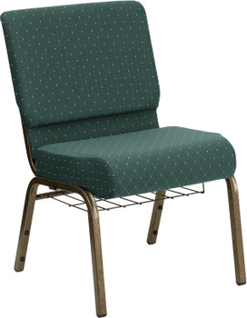 Flash Furniture HERCULES Series 21'' Extra Wide Hunter Green Dot Patterned Fabric Church Chair with 4'' Thick Seat, Communion Cup Book Rack - Gold Vein Frame Model FD-CH0221-4-GV-S0808-BAS-GG
