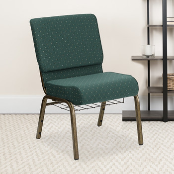 Flash Furniture HERCULES Series 21'' Extra Wide Hunter Green Dot Patterned Fabric Church Chair with 4'' Thick Seat, Communion Cup Book Rack - Gold Vein Frame Model FD-CH0221-4-GV-S0808-BAS-GG 2