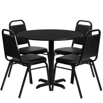 Flash Furniture 36'' Round Black Laminate Table Set with 4 Black Trapezoidal Back Banquet Chairs, Model HDBF1001-GG