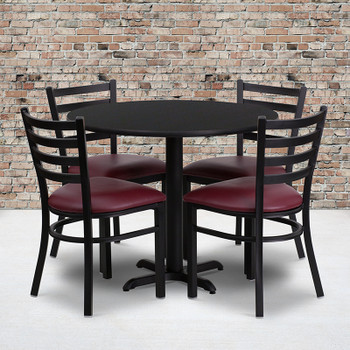 Flash Furniture 36'' Round Black Laminate Table Set with 4 Ladder Back Metal Chairs - Burgundy Vinyl Seat, Model HDBF1005-GG 2