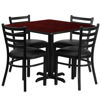 Flash Furniture 36'' Square Mahogany Laminate Table Set with 4 Ladder Back Metal Chairs - Black Vinyl Seat, Model HDBF1014-GG