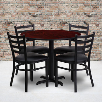 Flash Furniture 36'' Round Mahogany Laminate Table Set with 4 Ladder Back Metal Chairs - Black Vinyl Seat, Model HDBF1030-GG 2