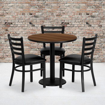 Flash Furniture 30'' Round Walnut Laminate Table Set with 4 Ladder Back Metal Bar Stools - Black Vinyl Seat, Model MD-0002-GG 2