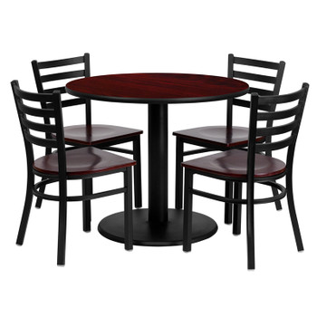 Flash Furniture 36'' Round Natural Laminate Table Set with 4 Black Trapezoidal Back Banquet Chairs, Model MD-0004-GG