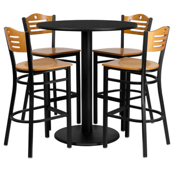Flash Furniture 36'' Round Mahogany Laminate Table Set with 4 Black Trapezoidal Back Banquet Chairs, Model MD-0020-GG