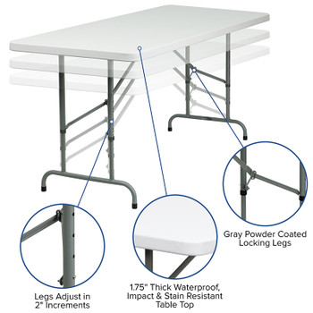 Flash Furniture 30''W x 72''L Height Adjustable Granite White Plastic Folding Table Model RB-3072ADJ-GG 2