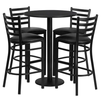 Flash Furniture 30'' Round Black Laminate Table Set with 4 Ladder Back Metal Bar Stools - Burgundy Vinyl Seat, Model RSRB1021-GG