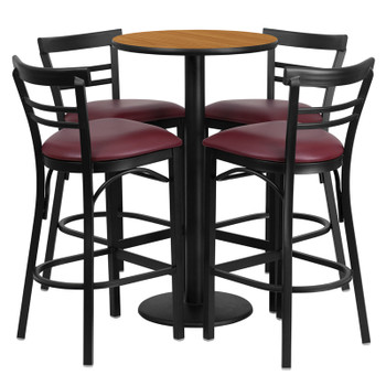 Flash Furniture 24'' Round Walnut Laminate Table Set with 4 Ladder Back Bar Stools - Black Vinyl Seat Model RSRB1039-GG