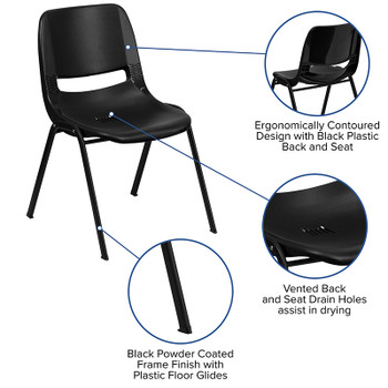 Flash Furniture HERCULES Series 440 lb. Capacity Black Ergonomic Shell Stack Chair with Black Frame and 14'' Seat Height Model RUT-12-PDR-BLACK-GG 2