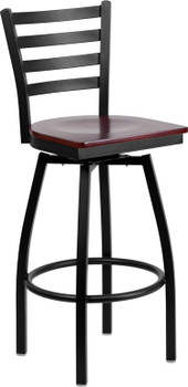 Flash Furniture HERCULES Series Black Ladder Back Swivel Metal Bar Stool - Natural Wood Seat Model XU-6F8B-LADSWVL-MAHW-GG