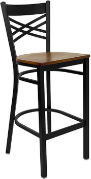 Flash Furniture HERCULES Series Black ''X'' Back Metal Restaurant Bar Stool - Mahogany Wood Seat Model XU-6F8BXBK-BAR-CHYW-GG