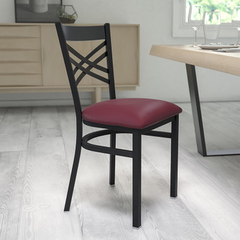 Flash Furniture HERCULES Series Black ''X'' Back Metal Restaurant Chair - Cherry Wood Seat Model XU-6FOBXBK-BURV-GG 2