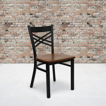 Flash Furniture HERCULES Series Black ''X'' Back Metal Restaurant Chair - Mahogany Wood Seat Model XU-6FOBXBK-CHYW-GG 2