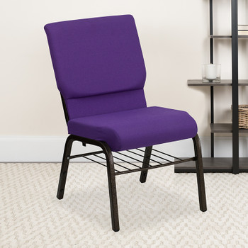 Flash Furniture HERCULES Series 18.5''W Purple Fabric Church Chair with 4.25'' Thick Seat, Book Rack - Gold Vein Frame Model XU-CH-60096-PU-BAS-GG 2