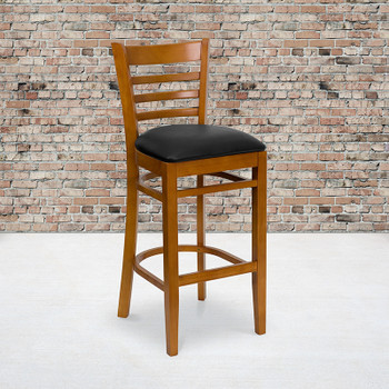 Flash Furniture HERCULES Series Cherry Finished Ladder Back Wooden Restaurant Bar Stool - Burgundy Vinyl Seat Model XU-DGW0005BARLAD-CHY-BLKV-GG 2