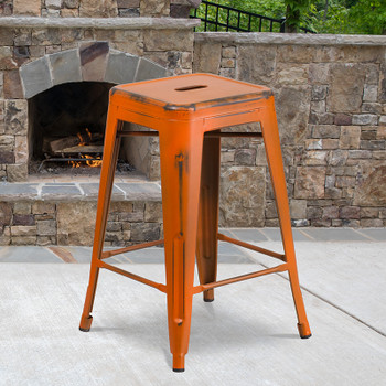 Flash Furniture Distressed Orange Metal Stool, Model# ET-BT3503-24-OR-GG 2