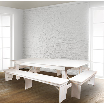 Flash Furniture HERCULES Series 9'x40" White Table/4 Bench Set, Model# XA-FARM-7-WH-GG 2