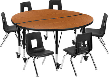 Flash Furniture 48" Circle Wave Oak Table Set, Model# XU-GRP-14CH-A48-HCIRC-OAK-T-P-CAS-GG