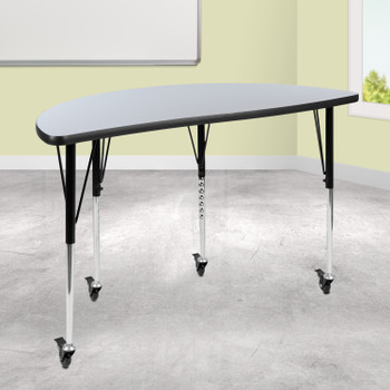 Flash Furniture Wren Mobile 47.5" Half Circle Wave Flexible Collaborative Grey Laminate Activity Table Standard Height Adjustable Legs, Model# XU-A48-HCIRC-GY-T-A-CAS-GG