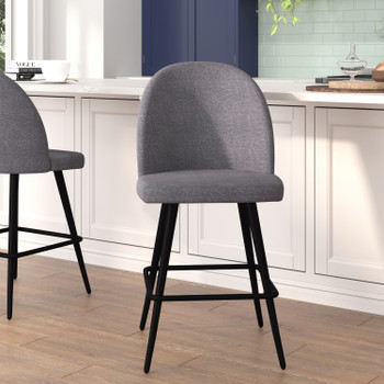 Flash Furniture Lyla Set of 2 Commercial High Back Modern Armless 26" Counter Stools w/ Contoured Backrests, Steel Frames & Footrests, Gray Faux Linen-Set of 2, Model# AY-1026H-26-GYFAB-GG
