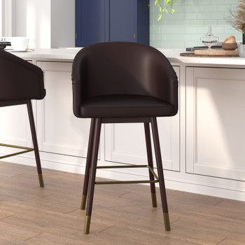 Flash Furniture Margo 26" Commercial Grade Mid-Back Modern Counter Stool w/ Walnut Finish Beechwood Legs & Contoured Back, Brown LeatherSoft/Bronze Accents, Model# AY-1928-26-BR-GG