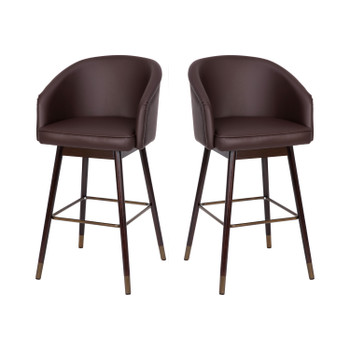 Flash Furniture Margo 30" Commercial Grade Mid-Back Modern Barstool w/ Walnut Finish Beechwood Legs & Curved Back, Brown LeatherSoft/Bronze Accents-Set of 2, Model# 2-AY-1928-30-BR-GG