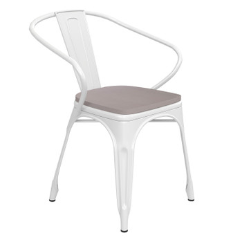 Flash Furniture Luna Commercial Grade White Metal Indoor-Outdoor Chair w/ Arms w/ Gray Poly Resin Wood Seat, Model# CH-31270-WH-PL1G-GG