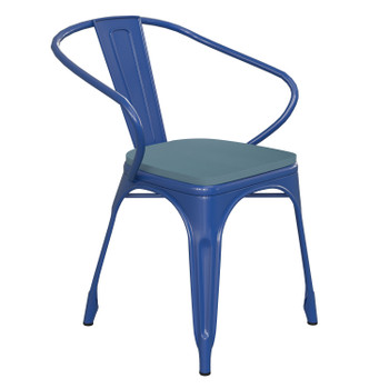 Flash Furniture Luna Commercial Grade Blue Metal Indoor-Outdoor Chair w/ Arms w/ Teal-Blue Poly Resin Wood Seat, Model# CH-31270-BL-PL1C-GG
