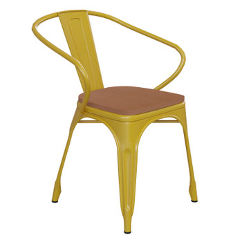 Flash Furniture Luna Commercial Grade Yellow Metal Indoor-Outdoor Chair w/ Arms w/ Teak Poly Resin Wood Seat, Model# CH-31270-YL-PL1T-GG