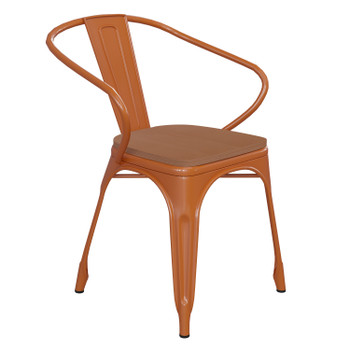 Flash Furniture Luna Commercial Grade Orange Metal Indoor-Outdoor Chair w/ Arms w/ Teak Poly Resin Wood Seat, Model# CH-31270-OR-PL1T-GG