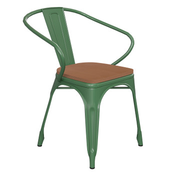 Flash Furniture Luna Commercial Grade Green Metal Indoor-Outdoor Chair w/ Arms w/ Teak Poly Resin Wood Seat, Model# CH-31270-GN-PL1T-GG