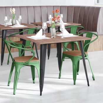 Flash Furniture Luna Commercial Grade Green Metal Indoor-Outdoor Chair w/ Arms w/ Teak Poly Resin Wood Seat, Model# CH-31270-GN-PL1T-GG