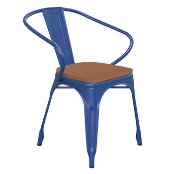 Flash Furniture Luna Commercial Grade Blue Metal Indoor-Outdoor Chair w/ Arms w/ Teak Poly Resin Wood Seat, Model# CH-31270-BL-PL1T-GG