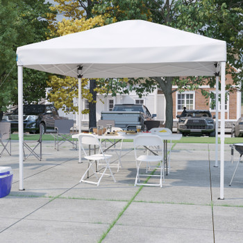 Flash Furniture Otis Portable Tailgate/Event Tent Set 10'x10' White Pop Up Canopy Tent, 6-Foot Bi-Fold Table, Set of 4 White Folding Chairs, Model# JJ-GZ10183Z-4LEL3-WHWH-GG