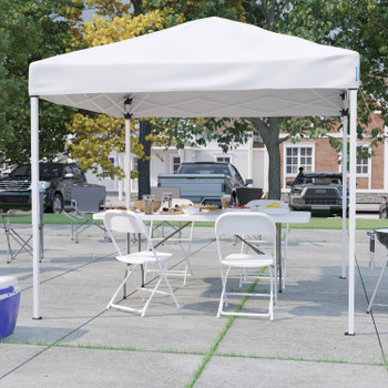 Flash Furniture Otis Portable Tailgate/Event Tent Set 8'x8' White Pop Up Canopy Tent, 6-Foot Bi-Fold Table, Set of 4 White Folding Chairs, Model# JJ-GZ88183Z-4LEL3-WHWH-GG
