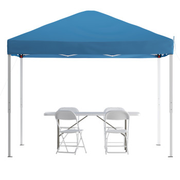Flash Furniture Otis Portable Tailgate/Event Tent Set 10'x10' Blue Pop Up Canopy Tent, 6-Foot Bi-Fold Table, Set of 4 White Folding Chairs, Model# JJ-GZ10183Z-4LEL3-BLWH-GG