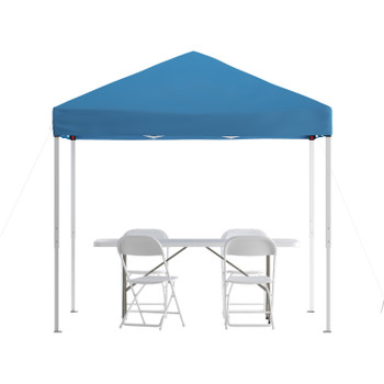 Flash Furniture Otis Portable Tailgate/Event Tent Set 8'x8' Blue Pop Up Canopy Tent, 6-Foot Bi-Fold Table, Set of 4 White Folding Chairs, Model# JJ-GZ88183Z-4LEL3-BLWH-GG