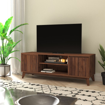 Flash Furniture Hatfield Mid-Century Modern TV Stand in Walnut for up to 64 inch TV's 60 Inch Media Center w/ Adjustable Center Shelf & Dual Soft Close Doors, Model# EM-TV1500-WAL-GG