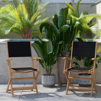 Flash Furniture Martindale Indoor/Outdoor Folding Acacia Wood Patio Bistro Chairs w/ Natural X Base Frame w/ Arms & Black Textilene Back & Seat, Set of 2, Model# THB-AC4854-NAT-GG