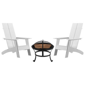 Flash Furniture Sawyer Set of 2 White Modern Sawyer Commercial All-Weather 2-Slat Poly Resin Adirondack Chairs w/ 22" Round Wood Burning Fire Pit, Model# JJ-C145092-202-WH-GG
