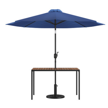 Flash Furniture Lark 3 Piece Outdoor Patio Table Set 30" x 48" Synthetic Teak Patio Table w/ Navy Umbrella & Base, Model# XU-DG-UH3048-UB19BNV-GG