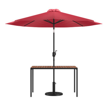Flash Furniture Lark 3 Piece Outdoor Patio Table Set 30" x 48" Synthetic Teak Patio Table w/ Red Umbrella & Base, Model# XU-DG-UH3048-UB19BRD-GG