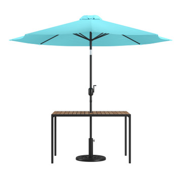 Flash Furniture Lark 3 Piece Outdoor Patio Table Set 30" x 48" Synthetic Teak Patio Table w/ Teal Umbrella & Base, Model# XU-DG-UH3048-UB19BTL-GG