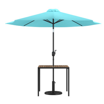 Flash Furniture Lark 3 Piece Outdoor Patio Table Set 35" Square Synthetic Teak Patio Table w/ Teal Umbrella & Base, Model# XU-DG-UH8100-UB19BTL-GG