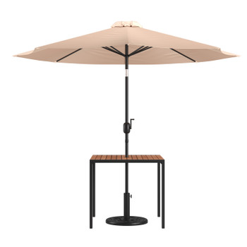 Flash Furniture Lark 3 Piece Outdoor Patio Table Set 35" Square Synthetic Teak Patio Table w/ Umbrella Hole & Tan Umbrella w/ Base, Model# XU-DG-UH8100-UB19BTN-GG