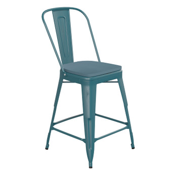 Flash Furniture Carly Commercial Grade 24" High Kelly Blue-Teal Metal Indoor-Outdoor Counter Height Stool w/ Back w/ Teal-Blue Poly Resin Wood Seat, Model# ET-3534-24-KB-PL1C-GG