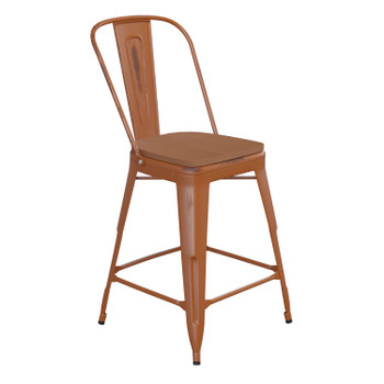 Flash Furniture Carly Commercial Grade 24" High Orange Metal Indoor-Outdoor Counter Height Stool w/ Back w/ Teak Poly Resin Wood Seat, Model# ET-3534-24-OR-PL1T-GG