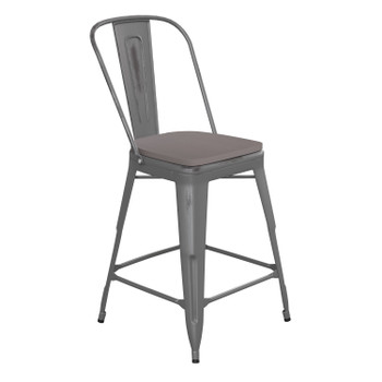 Flash Furniture Carly Commercial Grade 24" High Silver Gray Metal Indoor-Outdoor Counter Height Stool w/ Back w/ Gray Poly Resin Wood Seat, Model# ET-3534-24-SIL-PL1G-GG