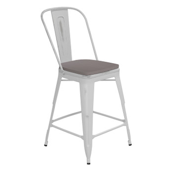 Flash Furniture Carly Commercial Grade 24" High White Metal Indoor-Outdoor Counter Height Stool w/ Back w/ Gray Poly Resin Wood Seat, Model# ET-3534-24-WH-PL1G-GG